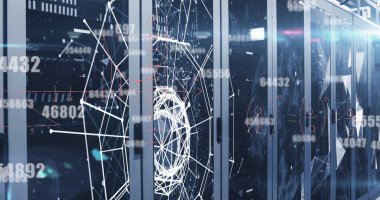 Veri merkezi koridorunda ağ kablolarıyla sunucu dolapları gösteriliyor. Teknoloji, altyapı, dijital, bağlantı, görselleştirme, sanayi, fütüristik