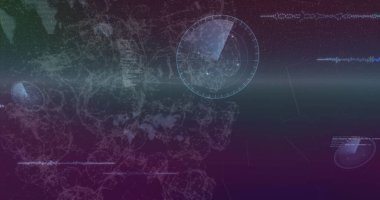 Sanal ekrandaki ağ ağı ve veri çizgileri üzerinden dairesel radar arayüzü görüntüleniyor, boşluğu kopyala. Teknoloji, siber güvenlik, veri görselleştirme, dijital arayüz, fütüristik, ağ analizi, yenilik