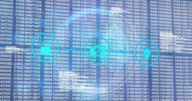 Ekrandaki veri sütunları üzerinde asma kilit, bilgisayar ve konum simgeleri yatay çizgi üzerinde gösteriliyor. Siber güvenlik, veri gizliliği, dijital güvenlik, ağ, teknoloji, arayüz, modern