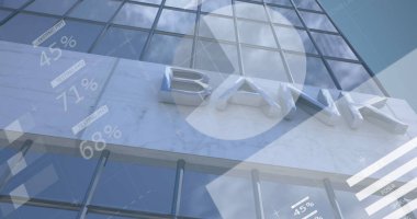 Pencereler ve pasta grafiği etiketli mermer BANK paneli TESTINGPH FDSLR SPCEH gösteriliyor. Şirket, finans, mimari, modern, teknoloji, kentsel, profesyonel