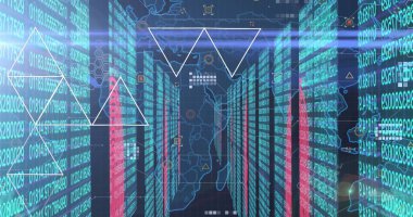 Veri merkezinde dikey veri panelleriyle parlayan merkezi koridor, sayısal kod akışları gösteriliyor. Gelecekçi, siber, teknoloji, veri, dijital, soyut, ağ
