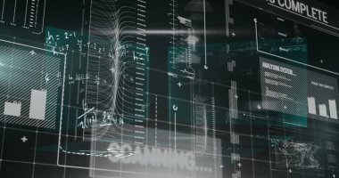 Konsol ortamında dünya haritasıyla grafikleri, grafikleri ve tabloları gösteren veri arayüzü gösteriliyor. Fütürist, teknoloji, analitik, görselleştirme, dijital, sürükleyici, parlak