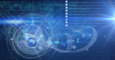 Sanal komuta merkezinde HUD halkalarıyla çevrelenmiş yarı saydam mavi küre, veri akışları gösteriliyor. Teknoloji, arayüz, fütüristik, veri, dijital, görselleştirme, yenilik