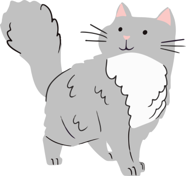 Gri kedi kabarık kuyruklu, şeffaf arka planda çizgi film tarzında duruyor. Kopya alanı. Kedi, hayvan, illüstrasyon, karakter, dijital sanat, şirin