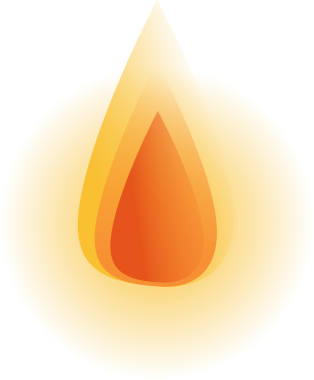 Şeffaf tabakada üst üste binen turuncu ve sarı gözyaşı damlalarıyla soyut alev simgesi gösteriliyor. Ateş, enerji, yenilik, dijital sanat, minimalist, parlayan, sembol