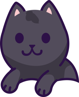 Koyu gri çizgi film kedisi düz dizaynda şeffaf bir arka plan üzerinde dinleniyor, mor çizgileri var. İllüzyon, maskot, minimalizm, karakter tasarımı, evcil hayvan, kawaii, oyuncu