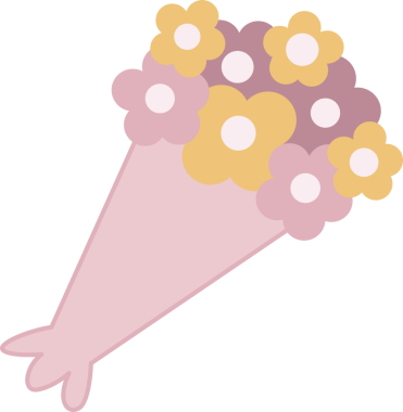 Pastel çiçeklerin sarılı buketi şeffaf arkaplanda stilize edilmiş düz tasarım içeriyor. Çiçek, hediye, dekoratif, minimalist, canlı, neşeli, kutlama