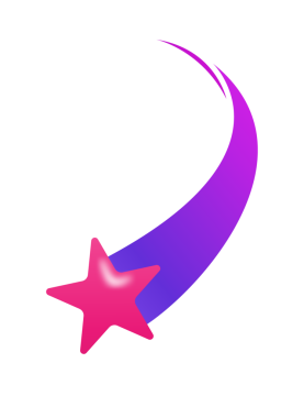 Düz kayan yıldız simgesi, şeffaf arkaplanda pembe yıldız, mor eğimli kuyruğu ile parlıyor. Soyut, dijital sanat, simge, görsel efektler, fantezi, canlı, modern