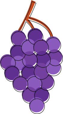 Düz simge, şeffaf bg üzerinde üst üste binen daireler ve kahverengi saplı mor üzüm kümesini gösteriyor. Botanik, meyve, illüstrasyon, modern, organik, sağlık, canlı