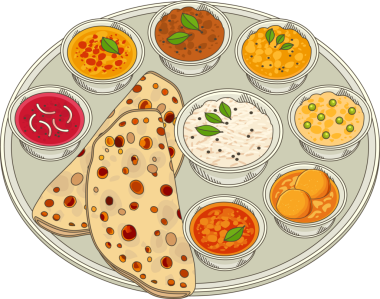 Düz dizayn thali tabağı, buğday kemirgeni ve şeffaf arka planda sekiz köri kasesi. Mutfak, etnik, otantik, eski, kültürel, gurme, geleneksel