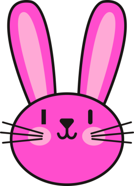 Pembe tavşan kafası şeffaf arka planda yüzüyor, kalın kulakları ve bıyıkları var. Tuhaf, sevimli, vektör, hayvan, illüstrasyon, oyuncu, tasarım