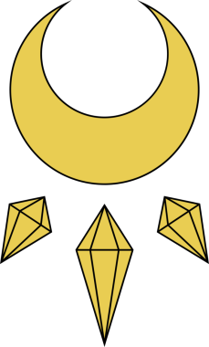 Hilal şeklinde şekillendirilmiş altın ay, düz stil ve şeffaf arka planda üç prizmanın üzerinde yüzüyor. Geometrik, soyut, minimalist, lüks, dijital sanat, göksel, modern