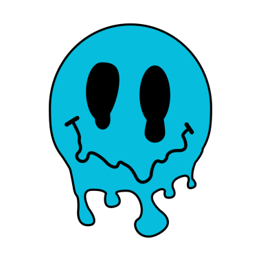 Şekillendirilmiş turkuaz eriyen gülen surat simgesi şeffaf arkaplanda düz tasarım gösteriyor. Soyut, maskot, minimalist, oyuncu, enerjik, modern, karakter