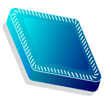 İşlemci çipi 3D renkte yüzüyor, üstü mavi, üstü beyaz, arkaplanı şeffaf. Teknoloji, elektronik, yenilik, dijital, mühendislik, fütüristik, devre