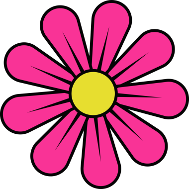 Stilize çiçek, şeffaf arkaplanda sarı merkezin etrafına düz pembe yapraklar yayıyor. Flora, botanik, minimalizm, vektör sanatı, dekorasyon, doğa, güzellik