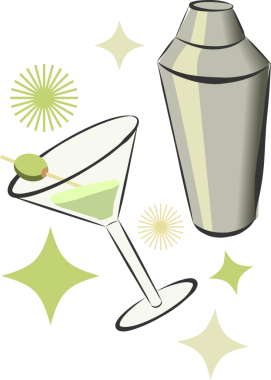 Eğimli martini bardağını gösteren vektör grafiği zeytin ve sallanan, ışıldayan, şeffaf arkaplan. Kokteyl, bar eşyaları, kutlama, zarif, modern, sofistike, şenlikli.