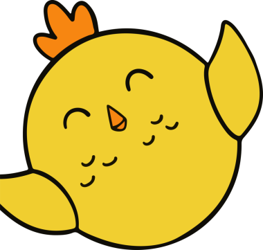 Çizgi filmdeki piliç şeffaf arka planda kanat çırpıyor, turuncu tarak ve basit tüyleri gösteriyor. Tuhaf, neşeli, minimalist, karakter tasarımı, illüstrasyon, çocuk medyası, maskot