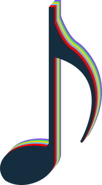 Düz tasarım stilize müzik notası gökkuşağı katmanlı dış hatlarıyla şeffaf bir zemin üzerinde yüzüyor. Sembol, simge, vektör, neon, canlı, sanatsal, dijital