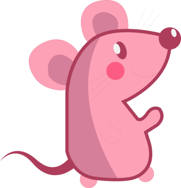 Şekillendirilmiş pembe çizgi film faresi şeffaf arka planda dikiliyor, düz bir tasarım sergiliyor. Şirin, kaprisli, oyuncu, minimalist, karakter tasarımı, animasyon, çocuklar.