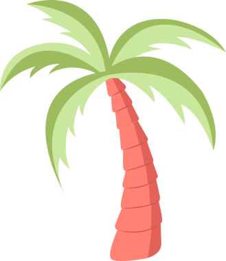 Düz tasarım palmiye ağacı mercan kırmızısı gövdeyi, yeşil yaprakları, şeffaf arkaplanı ve kopyalama alanını gösteriyor. Tropikal, minimalist, vektör, doğa, illüstrasyon, dekorasyon, seyahat