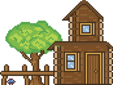 Pikselli ahşap kulübe, şeffaf tuval üzerinde ağaç çitleri mantarı ile orman temizliğini gösteriyor. Kırsal, vahşi doğa, dijital sanat, macera, açık hava, nostalji, manzara