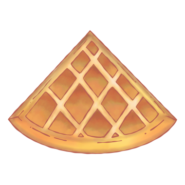 Düz dizayn waffle dilimi şeffaf arkaplanda süzülüyor ve elmas ızgarasını sıcak tonlarla gösteriyor. Tatlı, pasta, kahvaltı, şekerleme, atıştırmalık, minimalizm, iştah.