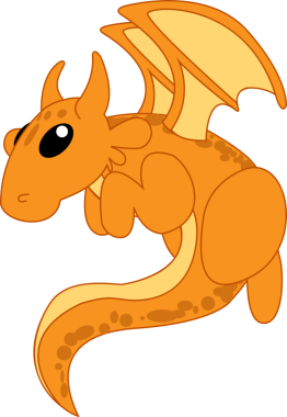 Düz illüstrasyon ejderhası şeffaf arka planda turuncu gövdesi, boynuzları ve kanatları ile süzülüyor. Fantezi, kaprisli, animasyon, oyuncu, karakter tasarımı, çocuk çizimi, fantezi yaratığı