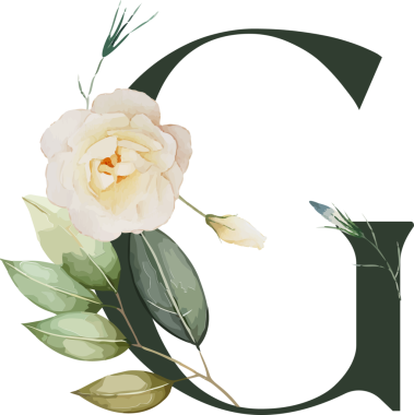 G harfi, şeffaf arkaplanda suluboya gül çiçeği, gül goncası ve botanik tomurcukları yer alıyor. Tipografi, çiçek tasarımı, suluboya sanat, botanik motif, dekoratif mektup, doğa illüstrasyonu, zarif bir tarz.