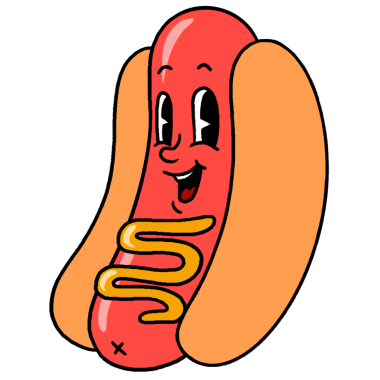 Çizgi film stili gülümseyen sosisli sandviç, sarı hardal kıvrımlı şeffaf bir zemin üzerinde yüzüyor. Çizgi film karakteri, fast food, neşeli, neşeli, kaprisli, atıştırmalık, eğlenceli