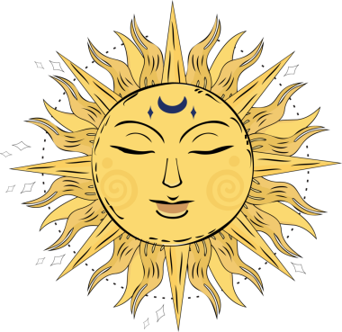 Şeffaf arka plan düz vektör güneş yüzünü hilal ay, spiral yanaklar ve ışıltılarla gösteriyor. Efsanevi, göksel, canlı, sembolik, resimsel, ruhsal, iyimser