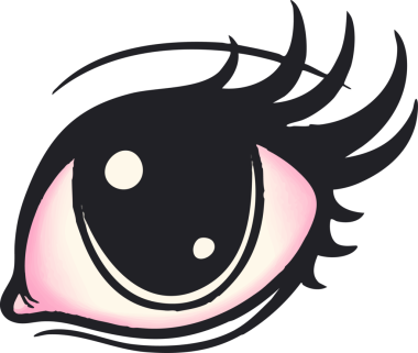 Çizgi film gözü cesur çizgiler ve abartılı kirpikleri, pembe sclera, şeffaf bir arkaplan gösteriyor. Görüntü, grafik, kaprisli, minimalist, kadınsı, güzellik, kozmetik