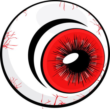 Çizgi film tarzı göz, kırmızı damarlar ve parlak gölgelerle şeffaf arkaplanda süzülüyor. Soyut, tıbbi illüstrasyon, canlı, dijital sanat, sağlık bilinci, eğitim, grafik tasarımı