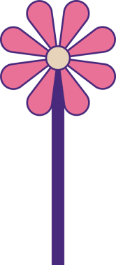 Mor saplı düz çizgi film çiçekleri, sarı merkezli, pembe yapraklı, şeffaf arkaplan. Botanik, çiçek, illüstrasyon, tasarım, doğa, canlı, renkli