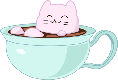 Pastel pembe kedi şekli mavi bardakta yüzüyor, kahverengi içecek, düz tasarım, şeffaf arka plan. Tuhaf, neşeli, minimalist, pastel, konfor, rahatlama, içecek.