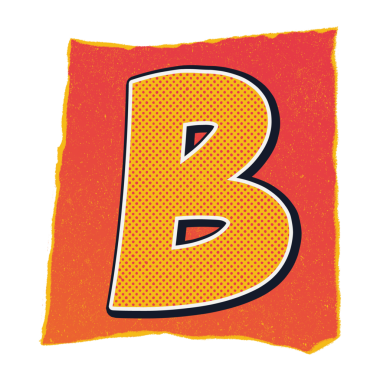 Pop sanat harfi B, saydam arka planda sarı kenarlı kırmızı kare detaylarıyla karşımıza çıkıyor. Kalın tipografi, canlı tasarım, grafik çizim, retro stil, kentsel estetik, sanatsal kompozisyon, görsel markalaşma