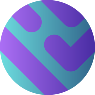 Düz tasarım dairesel amblem, şeffaf arkaplan üzerinde mavimsi gradyan çizgiler dokuyor. Soyut tasarım, modern grafik, geometrik desen, canlı renkler, görsel kimlik, markalaşma unsuru, minimalizm