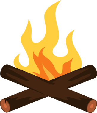 Çapraz kütükleri olan düz dizayn kamp ateşi ikonu, şeffaf arkaplanda sarı turuncu alevler görülüyor. Ateş, kamp, sıcaklık, açık hava, siluet, illüstrasyon, kırsal