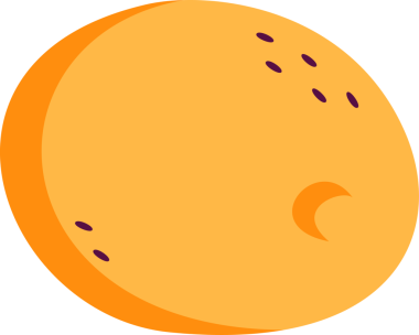 Düz dizayn turuncu küre, şeffaf arkaplanda, mor noktalı, gölgeli hilal şeklinde yüzüyor. Soyut, geometrik, enerjik, oyuncu, dijital sanat, minimalist, modern