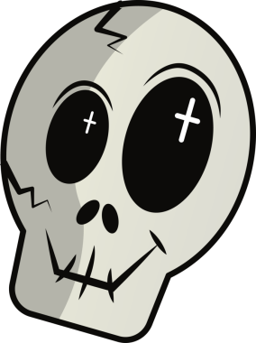 Çizgi film kafatası şeffaf arka planda yüzüyor, dikişli sırıtış ve kemik çatlaklarını gösteriyor. Macabre, gotik, korku, illüstrasyon, karanlık, ürkütücü, grafik