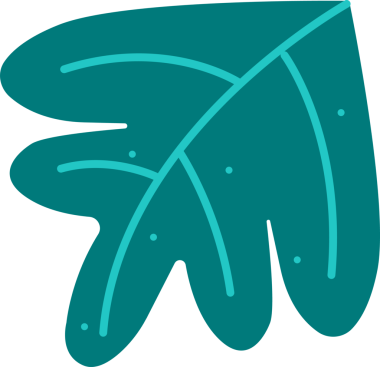 Düz vektör yaprağı, şeffaf arkaplanda daha açık damar çizgileri ve noktalar olan dört tane deniz mavisi lobu gösteriyor. Botanik, doğa, illüstrasyon, tasarım, eko, organik, minimalizm