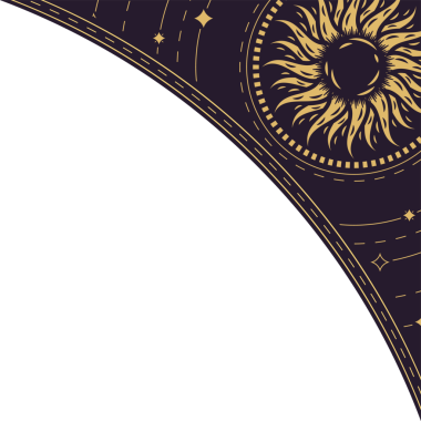 Abstract sun motif floating in flat design dotted dashed arc on transparent background, copy space. Geometric, celestial, decorative, modern, minimalist, symbolic, vibrant