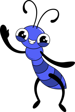 Düz dizayn mavi çizgi film böceği şeffaf arka planda sallanıyor, parlak çizgili vücudu gösteriyor. Çizgi film, maskot, karakter, ikon, oyuncu, neşeli, kaprisli