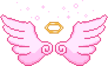 Piksel sanatı, şeffaf arkaplanda parıldayan ve yüzen haleli pembe melek kanatlarını gösteriyor. Fantezi, dijital sanat, minimalist, simge, ruhani, göksel, dekoratif