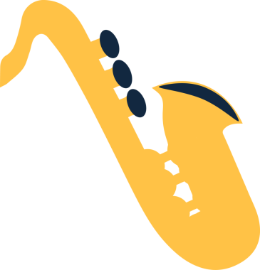 Stilize edilmiş düz dizayn saksafon, şeffaf arkaplanda donanma anahtarlı pirinç gövdeyi gösteriyor. Müzik aleti, caz, performans, zarif, klasik, vektör, eğlence