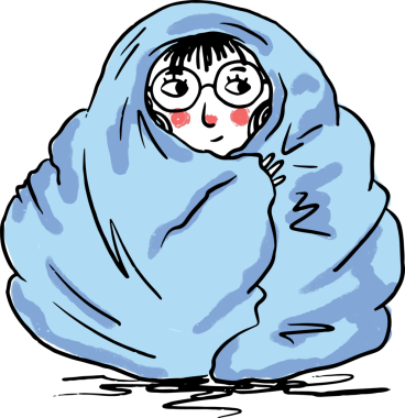 Çizgi film çizimleri, kişinin şeffaf arka planda açık mavi battaniyenin altına sokulduğunu gösteriyor. Tuhaf, rahat, rahatlatıcı, resimli, rahat, evcil, mutlu.