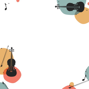 Düz dizaynlı kemanlar, şeffaf arkaplanda daireler üzerine notlar, kopyalama alanı. Dijital sanat, müzikal, grafik tasarım, soyut, dekoratif, canlı, uyum