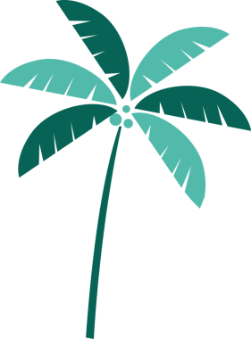 Düz palmiye ağacı grafiği, deniz mavisi gövdeli, yeşil yapraklı, hindistan cevizli, şeffaf arkaplanlı. Tropik, doğa, minimalist, illüstrasyon, eko, tasarım, vektör