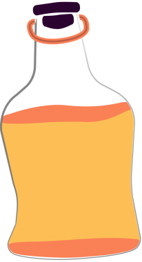 Düz tasarım şişesi, mor durdurucu, turuncu yüzük ve sarı sıvıyla temiz bir arkaplan gösteriyor. Kalpazanlık, konteynır, içecek, minimalizm, ürün, ambalaj, lüks