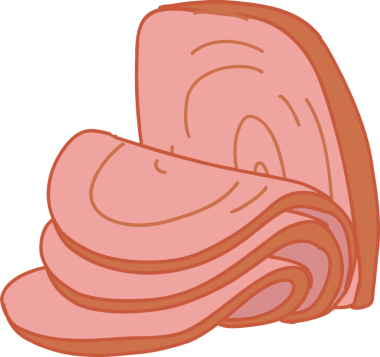 Katlanmış meze jambonu yığını stilize edilmiş düz resimde, şeffaf arka planda gösteriliyor. Et, şarküteri, aşçılık, gıda sanatı, minimalizm, grafik tasarım, iştah açıcı.
