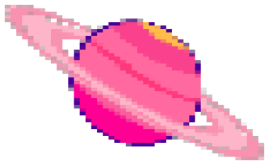 Piksel resimli halka halkalı gezegen, şeffaf arka planda, pastel pembe halkalarıyla birlikte yüzüyor. Fantezi, bilim kurgu, dijital sanat, kozmik, minimalist, canlı, uzay keşfi